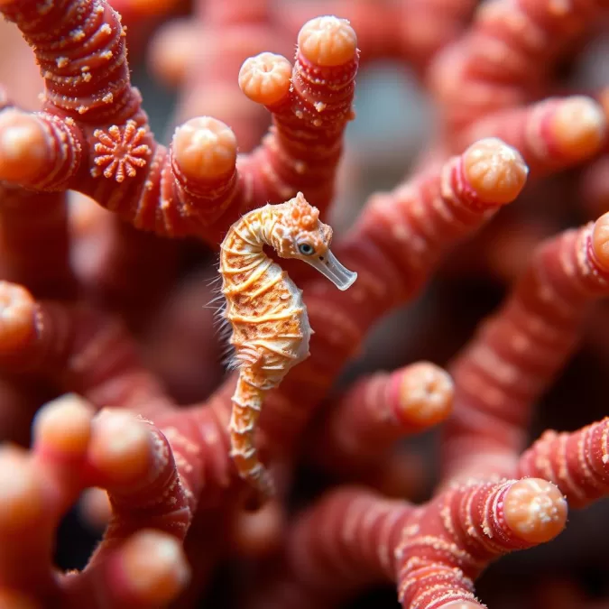 Pygmy seahorse camouflaged on coral, demonstrating incredible survival skills through camouflage