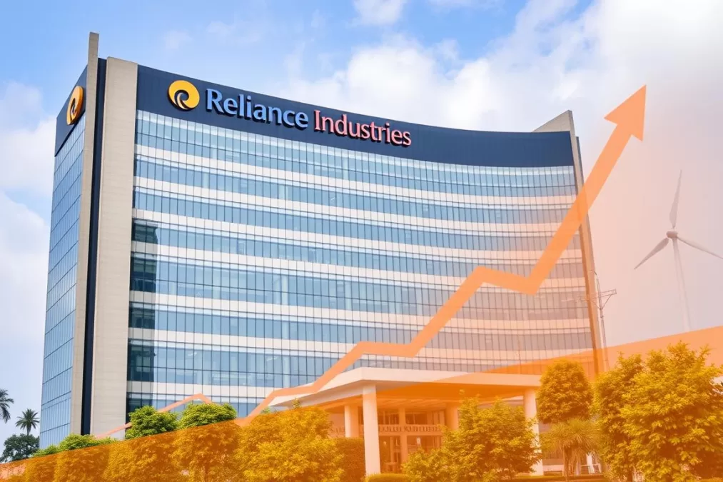 Reliance Industries headquarters with growth chart overlay for top diwali stocks 2025