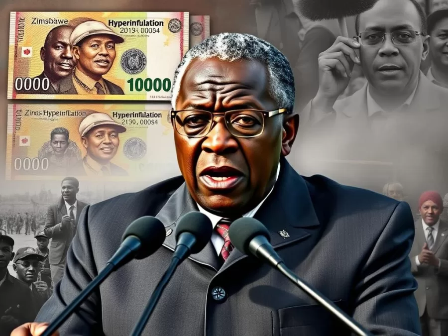 Robert Mugabe giving a speech with images of Zimbabwe's hyperinflation money and political violence in the background