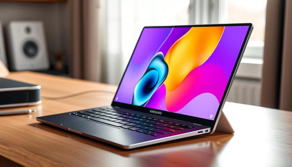 Samsung Galaxy Book5 360 in tent mode showing its large touchscreen display