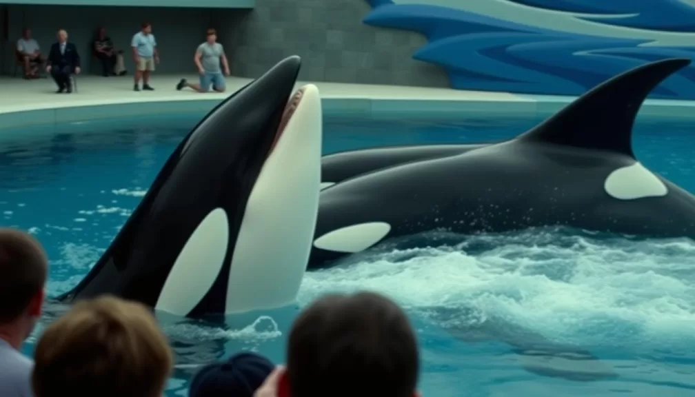 Scene from Blackfish documentary showing orcas in captivity