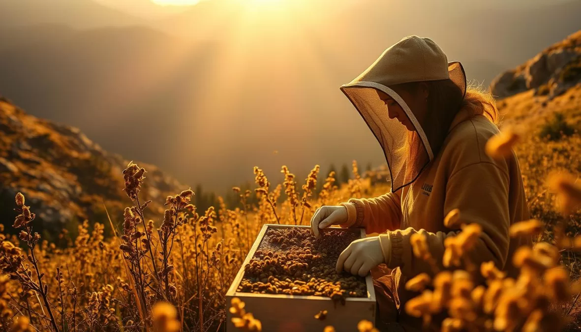 Scene from Honeyland showing beekeeper Hatidže Muratova with her bees