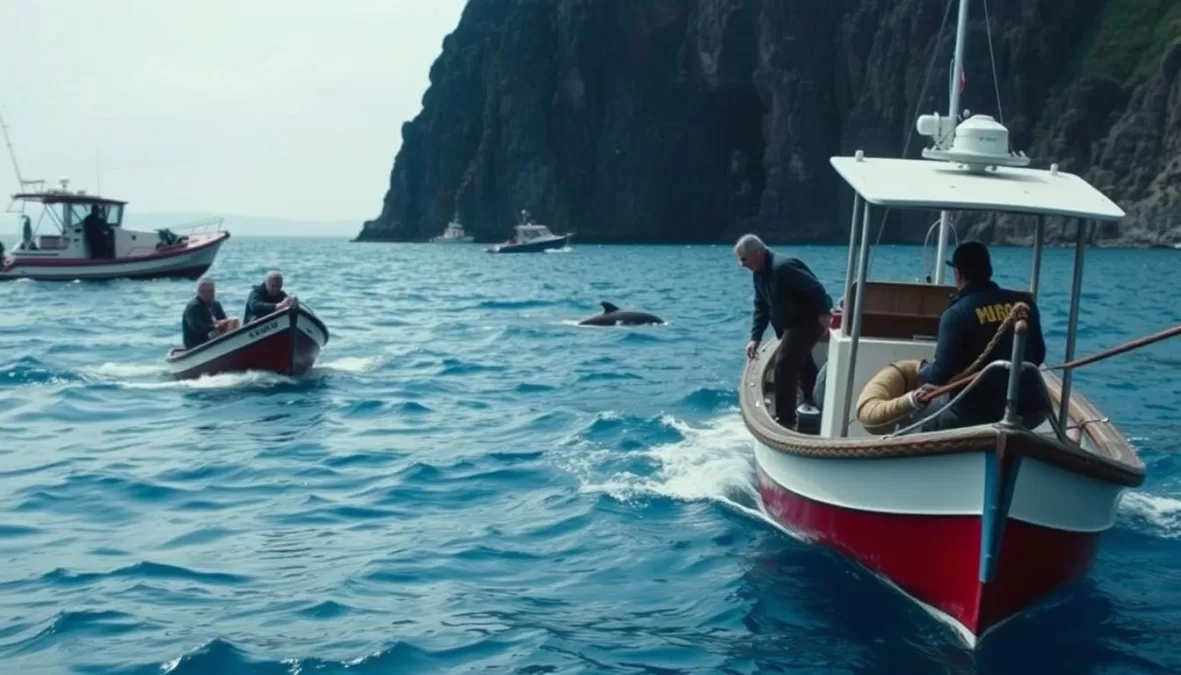 Scene from The Cove showing dolphins and activists