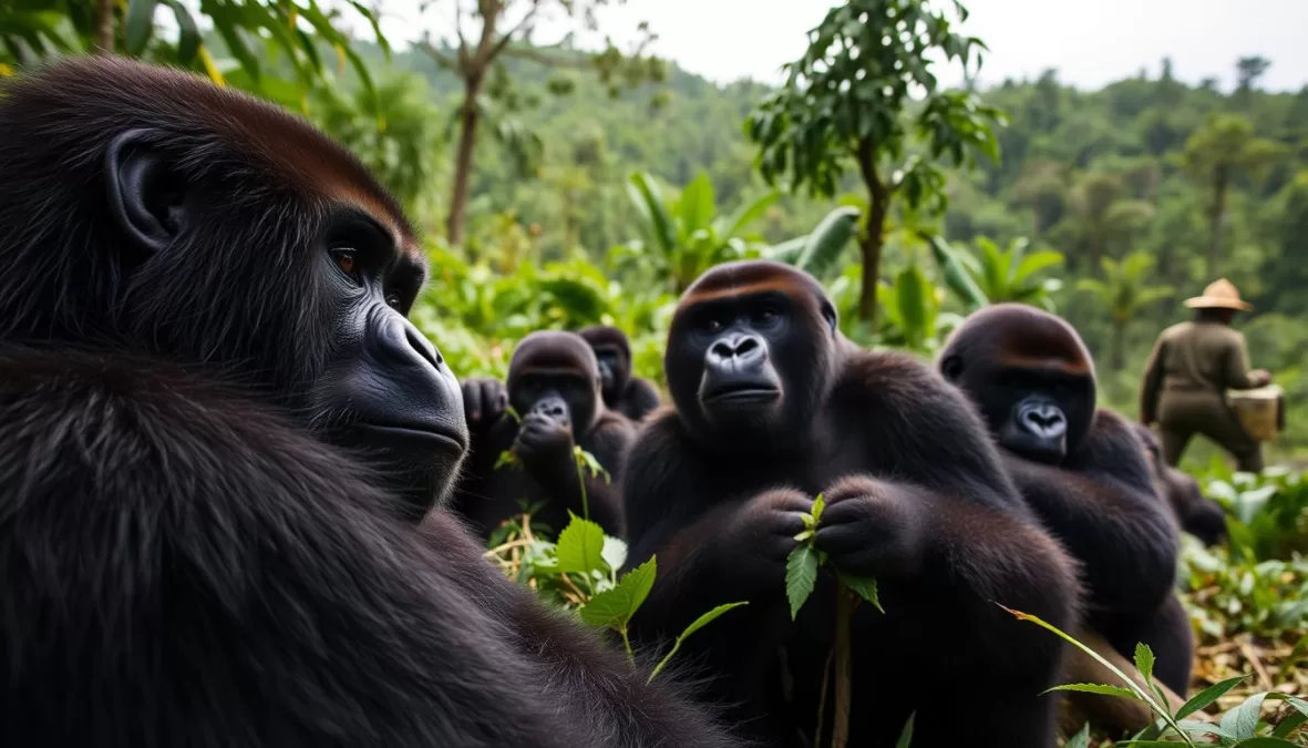 Scene from Virunga showing mountain gorillas and park rangers