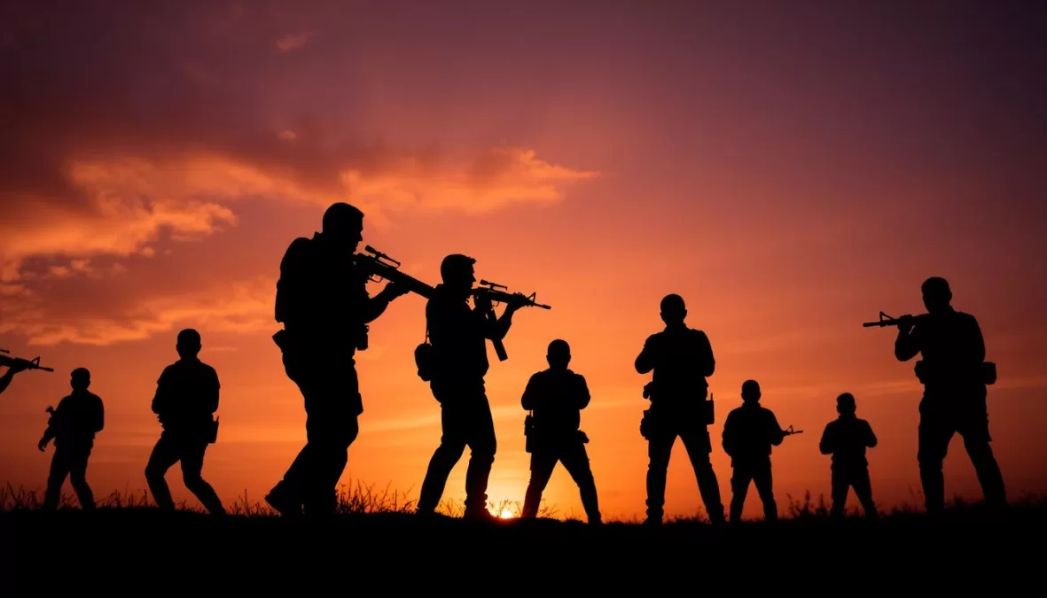 Silhouette of armed humans in conflict, representing humans as one of the deadliest animals in the world