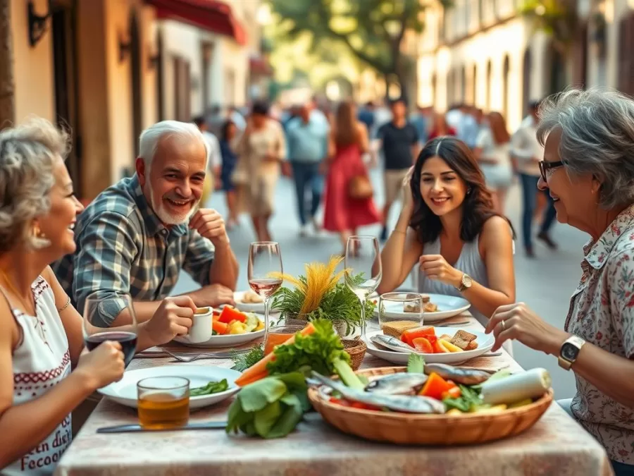 Spanish family enjoying Mediterranean diet meal and outdoor lifestyle