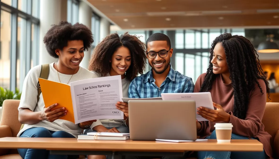 Students discussing law school options and rankings of the top 10 best law schools in the world