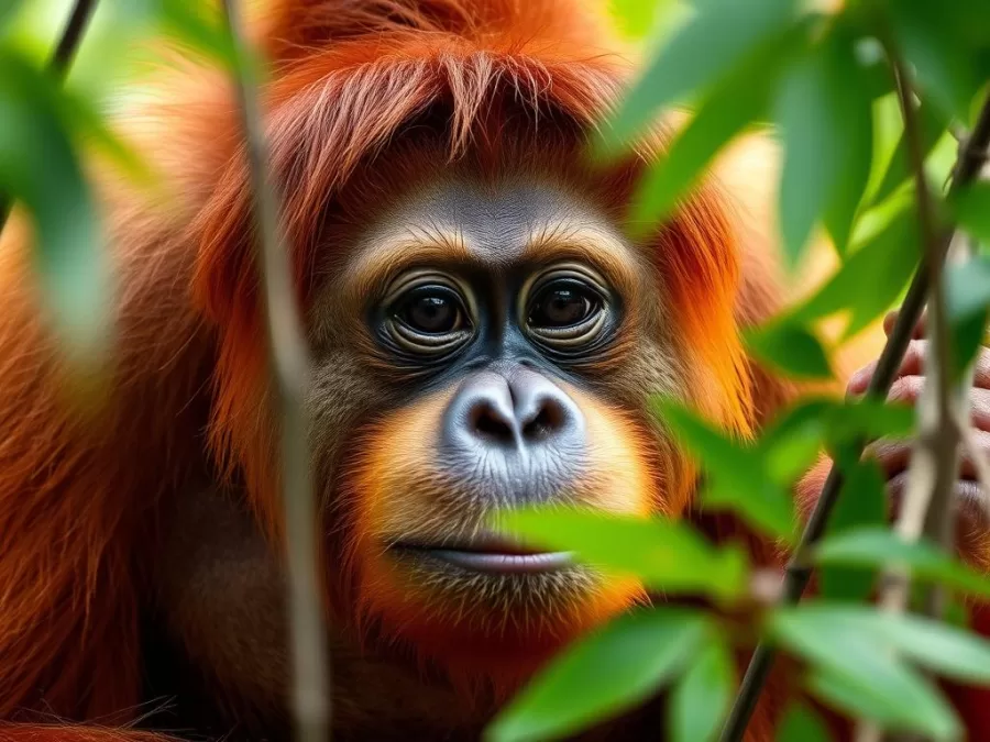 Sumatran orangutan in rainforest canopy, listed among most endangered animals in the world 2025