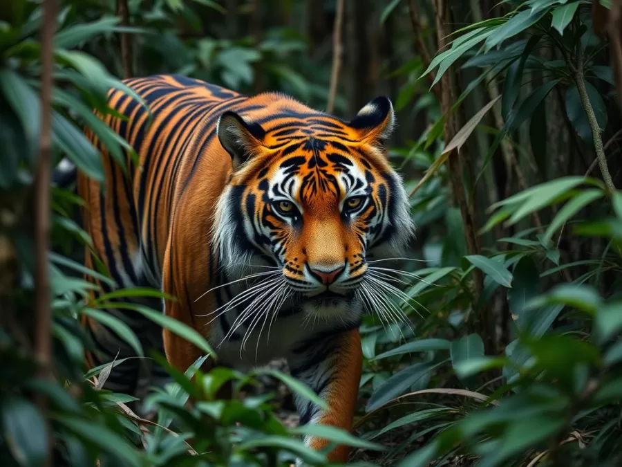 Sumatran tiger in rainforest habitat, among most endangered animals in the world 2025
