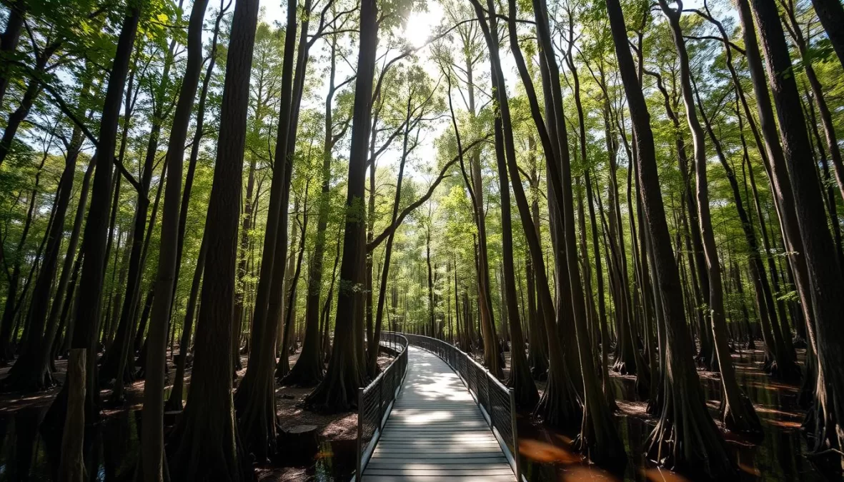Sunlight filtering through the old-growth forest canopy of Congaree National Park showing its rich biodiversity