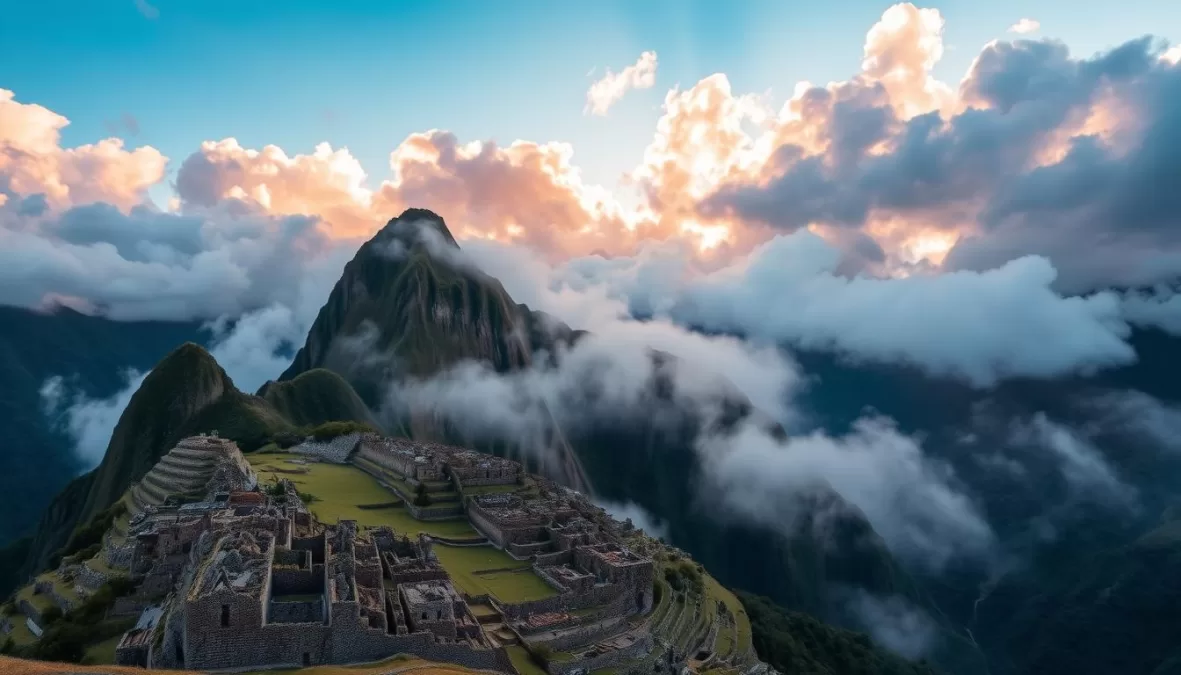 Sunrise at Machu Picchu with Huayna Picchu mountain in the background
