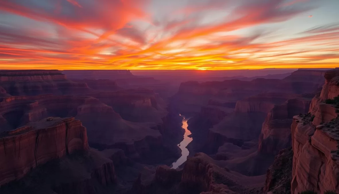 Sunset at Grand Canyon South Rim with dramatic colors and shadows