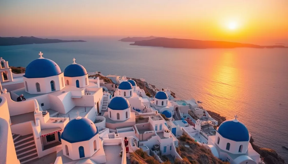 Sunset view of white buildings with blue domes in Oia, Santorini