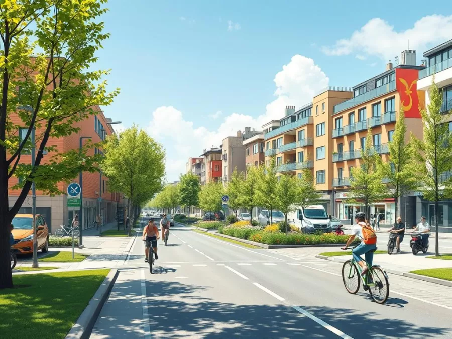 Swedish urban design with cycling infrastructure and people enjoying work-life balance