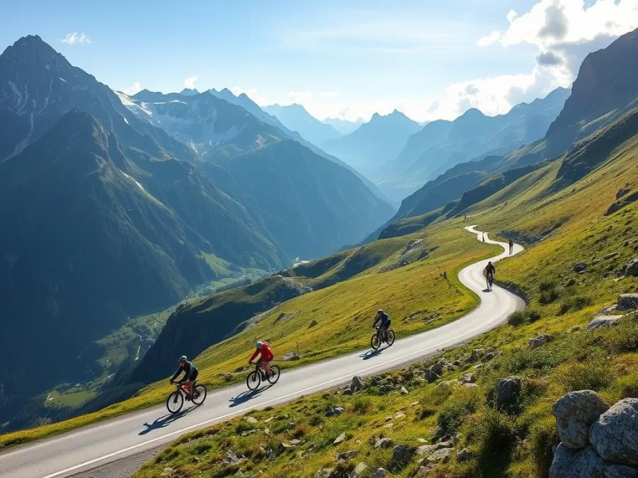 Swiss Alpine landscape with people cycling and hiking, showcasing active lifestyle
