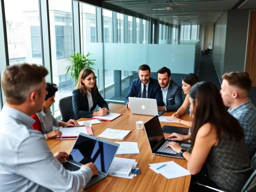 Tech company office with HR professionals discussing the new H-1B visa fee impact