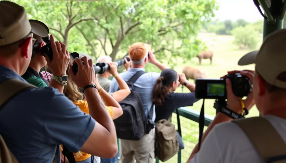 Tourists observing wildlife responsibly from a designated viewing area in a national park