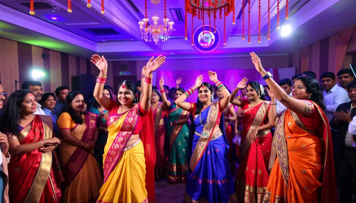 Traditional Indian wedding celebration with dancers performing to Hindi wedding songs