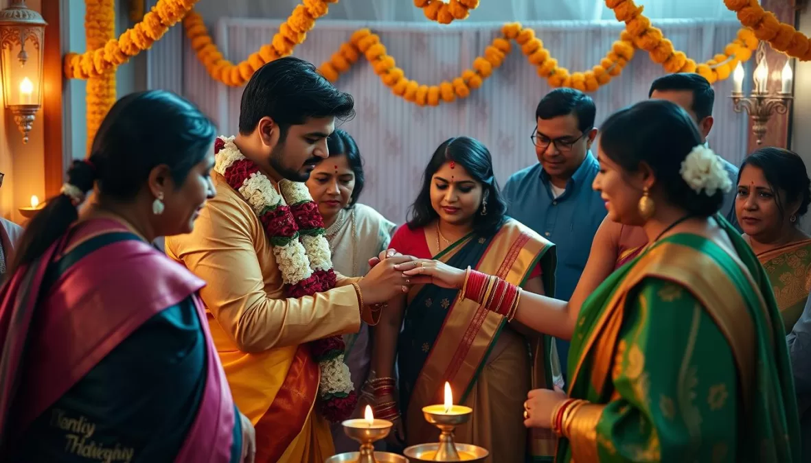 Traditional engagement ceremony with Kudmayi playing in the background