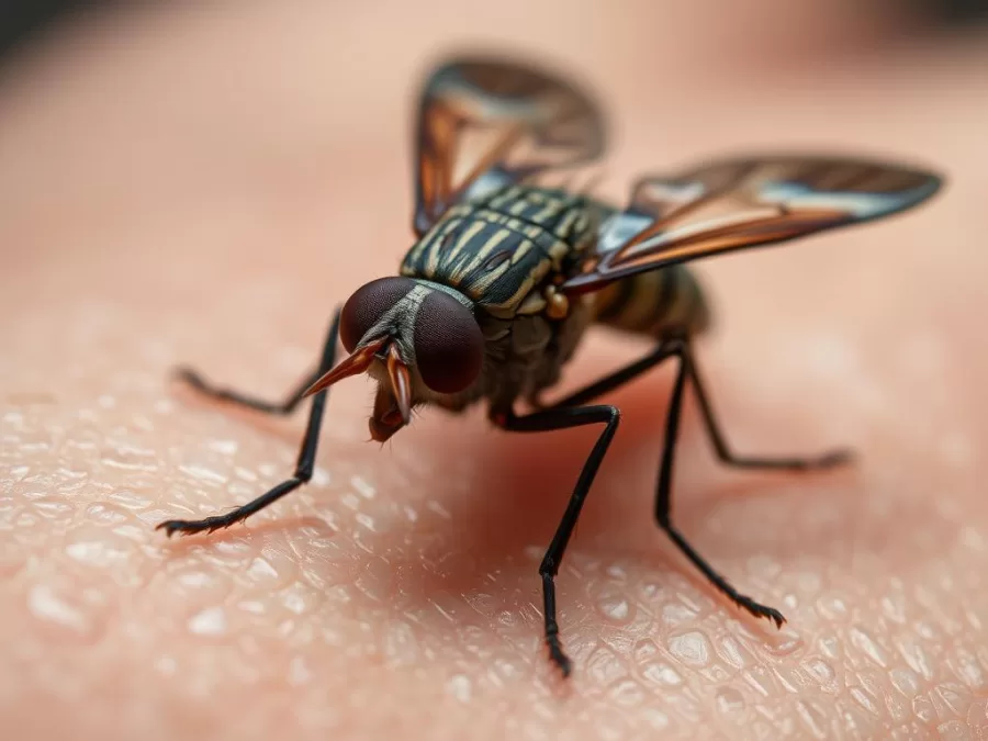 Tsetse fly on skin surface, carrier of African sleeping sickness and one of the deadliest animals in the world