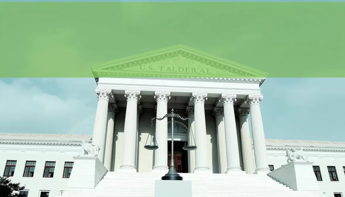 U.S. courthouse with scales of justice, representing potential legal challenges to the H-1B fee