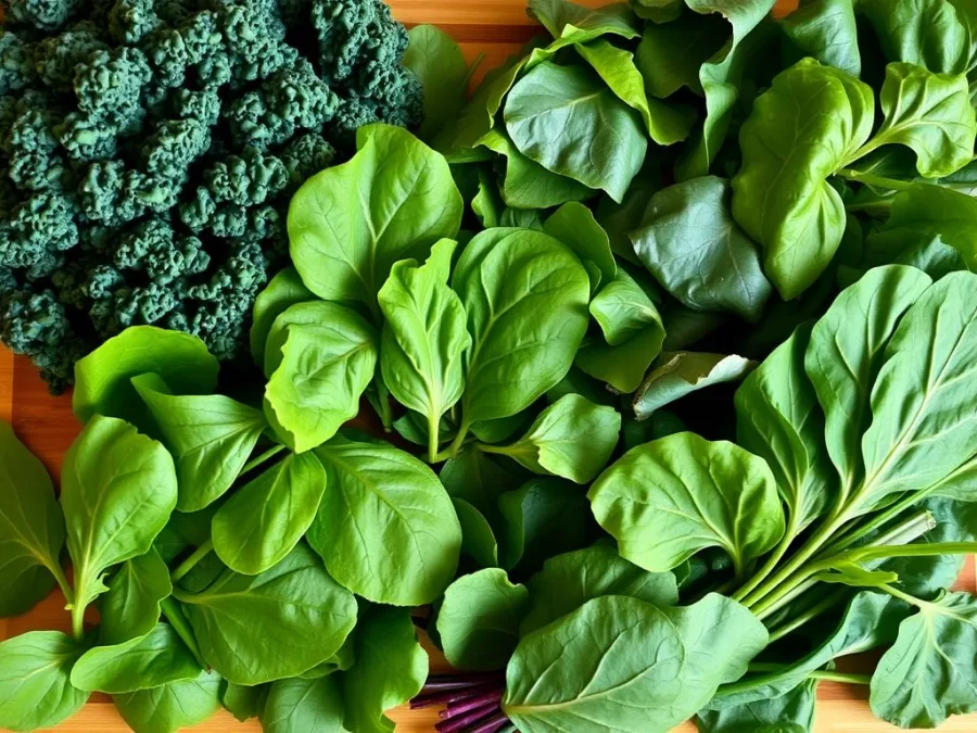 Various dark leafy greens including kale, spinach, and Swiss chard