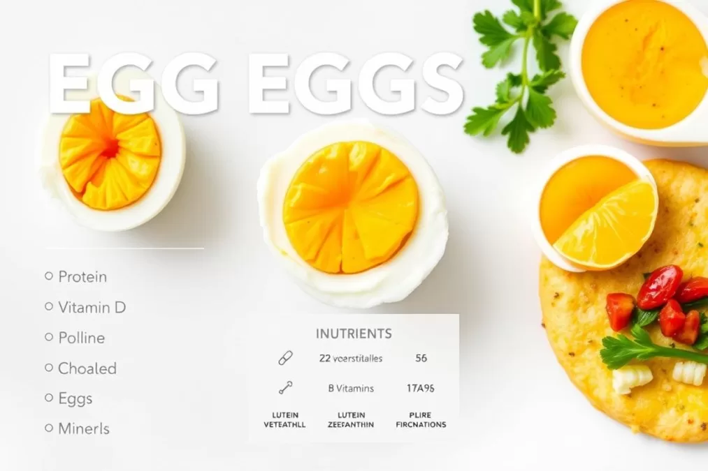 Various egg dishes and a nutritional breakdown showing the beneficial nutrients in eggs