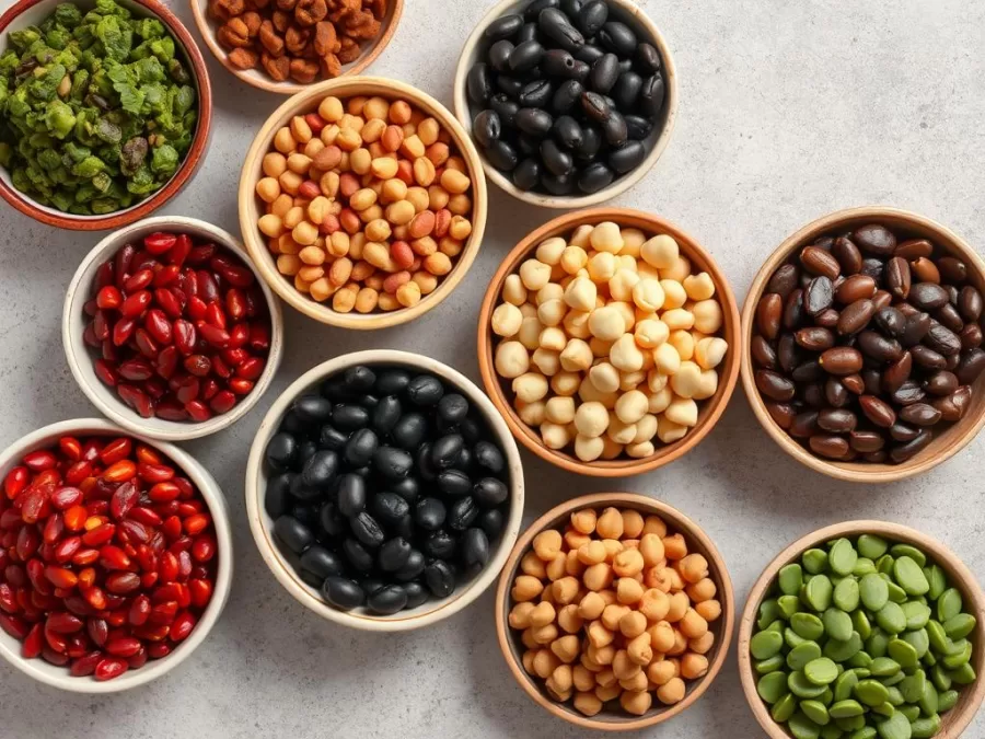 Various legumes including beans, lentils, and chickpeas in small bowls