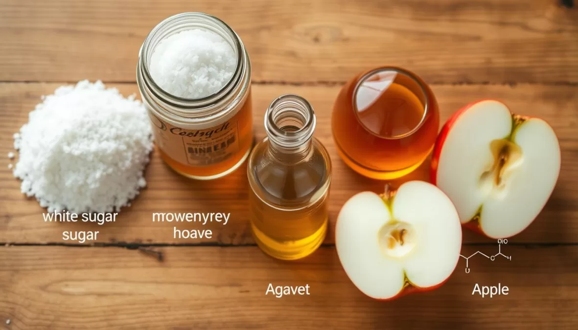 Various natural and refined sugar sources with their molecular structures showing similarities