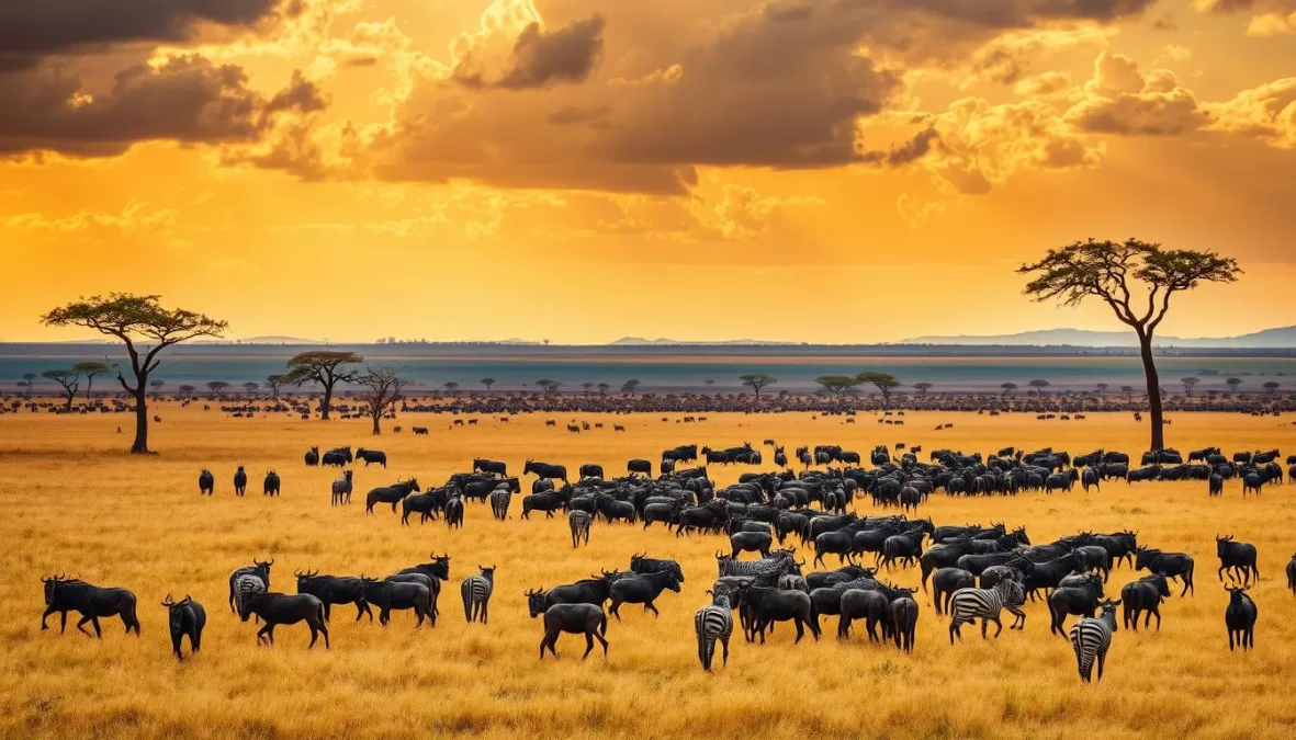 Vast Serengeti plains during the great migration showing diverse wildlife and ecosystems