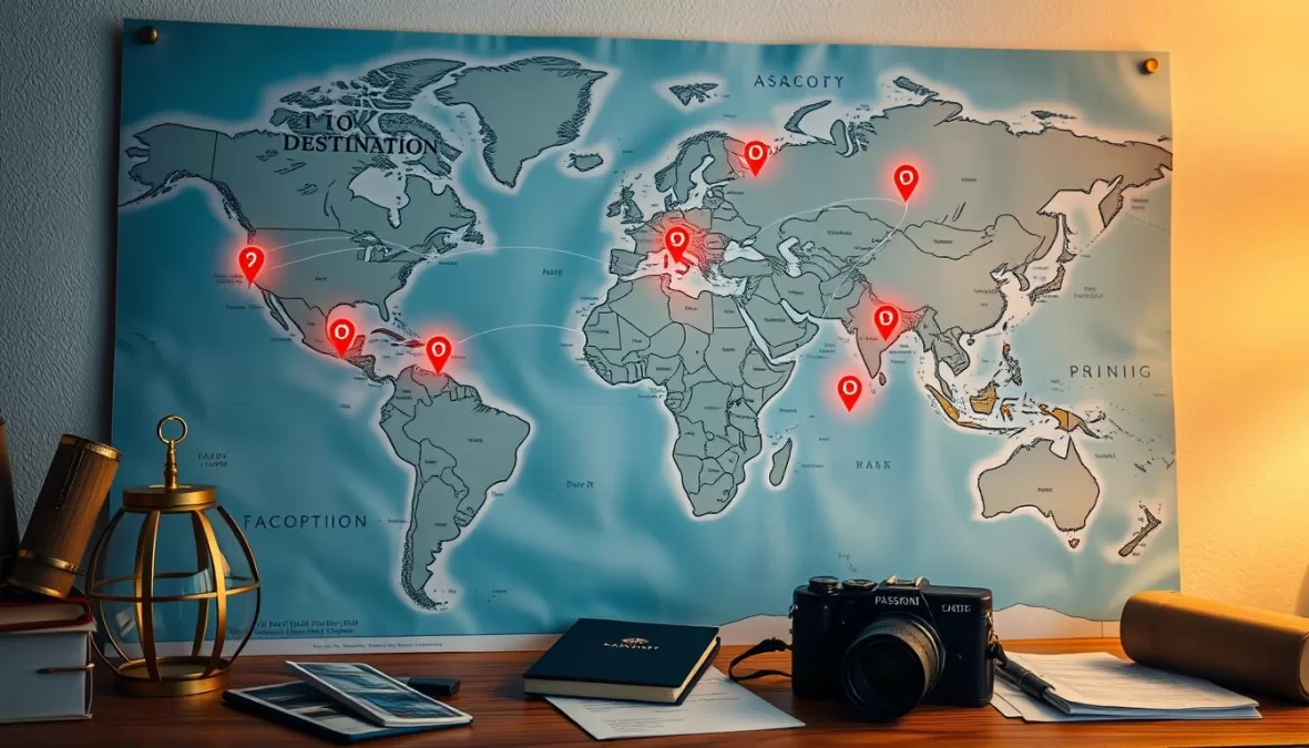 World map highlighting top 10 vacation spots in the world with travel routes