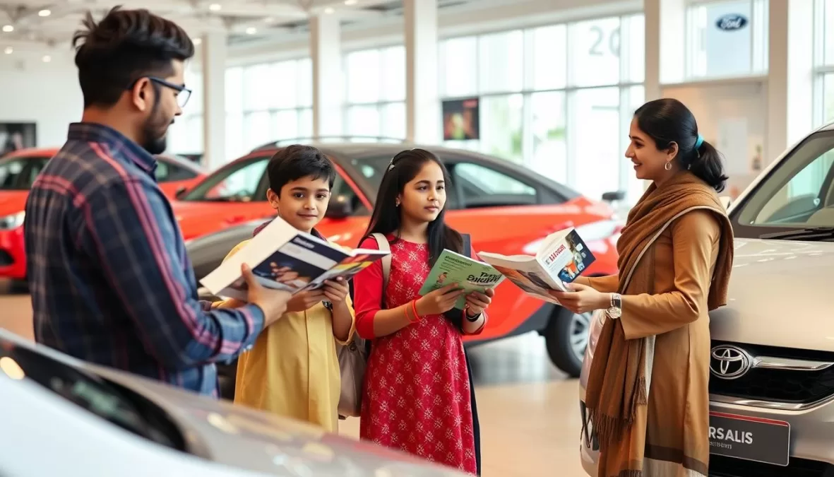A family looking at cars in a showroom, considering options for top 10 cars under 10 lakhs in India