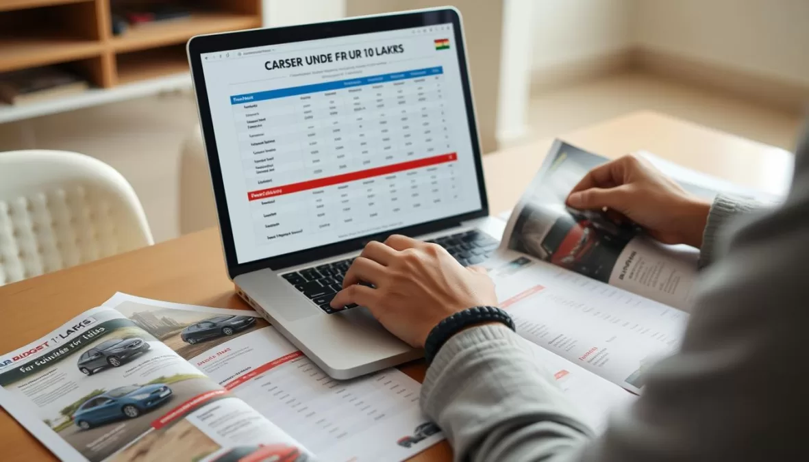 A person researching cars under 10 lakhs in India on a laptop with car brochures spread on a table