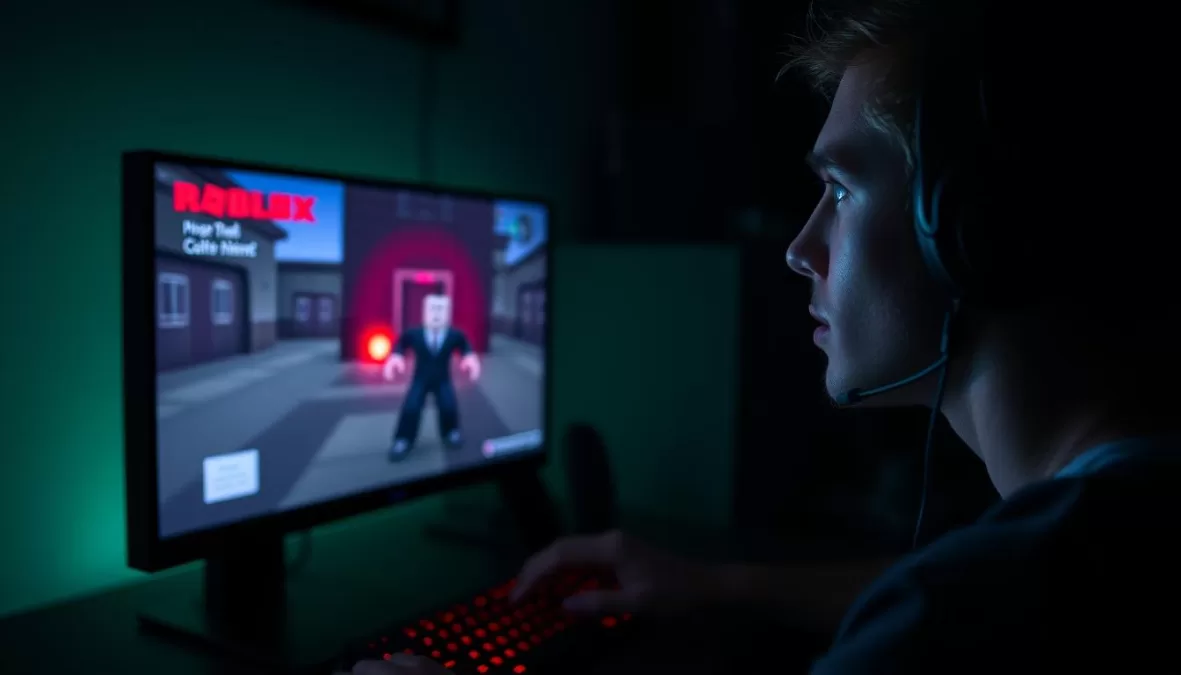 A player using headphones while playing a scary Roblox game in a dark room