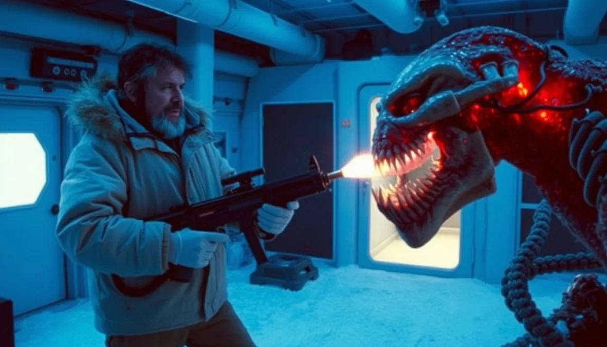 A tense scene from The Thing showing Kurt Russell's character with a flamethrower confronting the alien creature