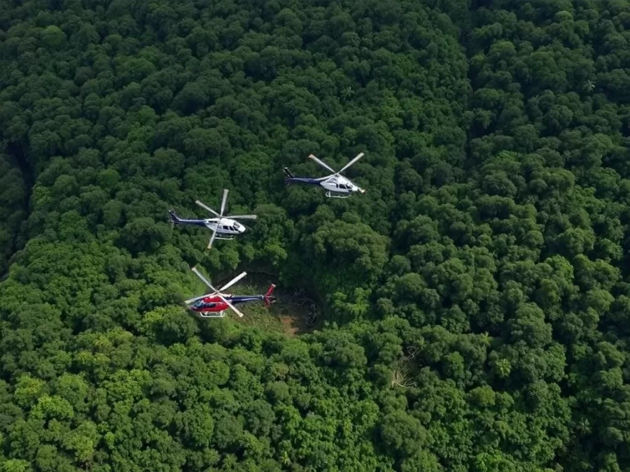Aerial view of Amazon rainforest with search operation for crashed cargo plane