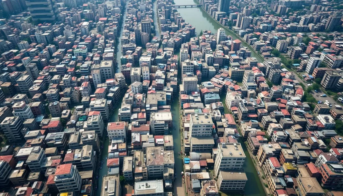 Aerial view of Dhaka, Bangladesh showing one of the world's most densely populated urban areas