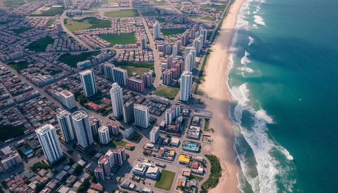 Aerial view of Fortaleza showing urban density and beaches in this high-crime Brazilian city
