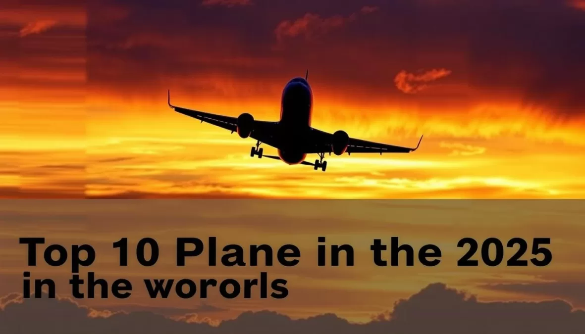 Airplane silhouette against sunset sky with safety statistics overlay showing top 10 plane crashes in the world 2025