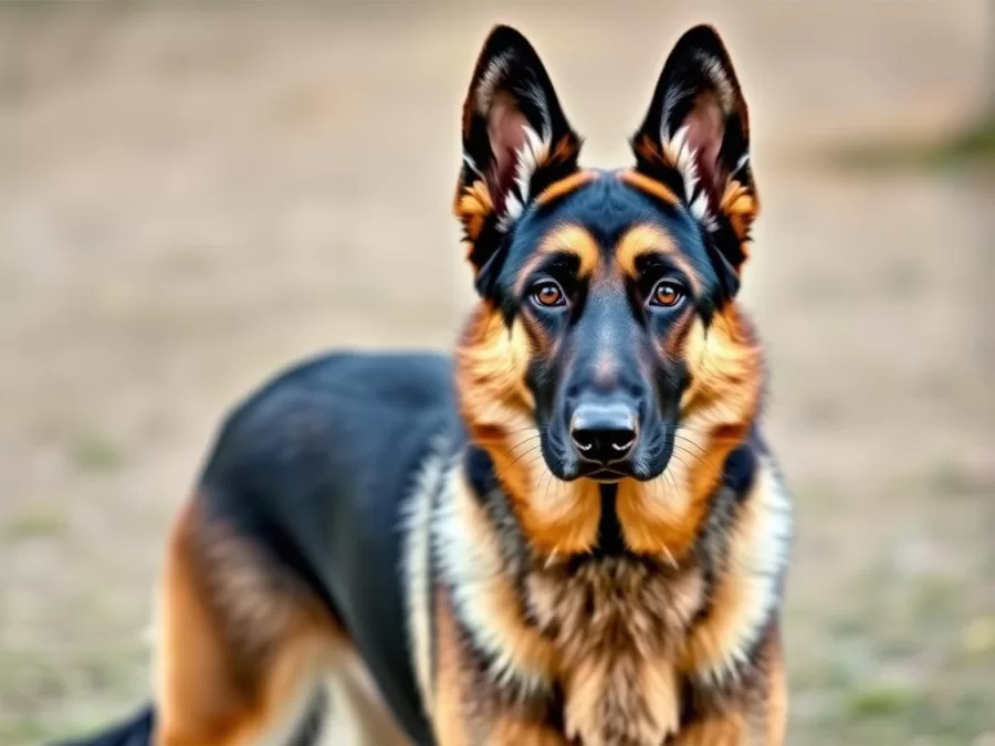 Alert German Shepherd dog in a standing position showing its distinctive coat pattern