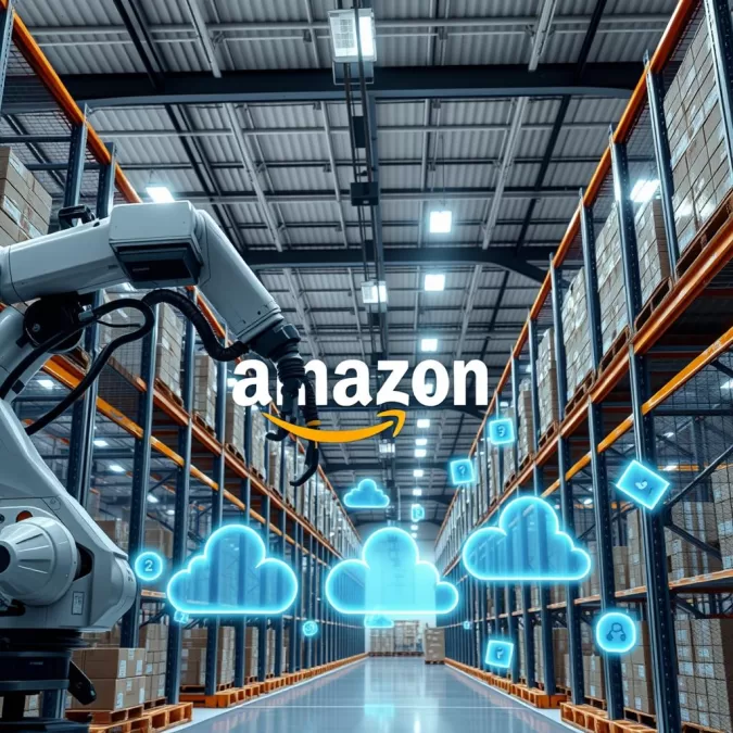 Amazon fulfillment center and AWS cloud infrastructure showing growth metrics