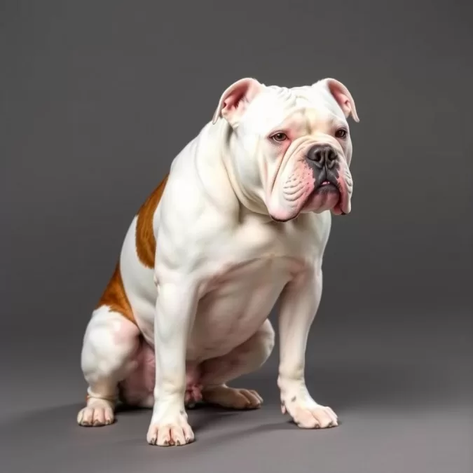 American Bulldog showing muscular build and white coat with patches