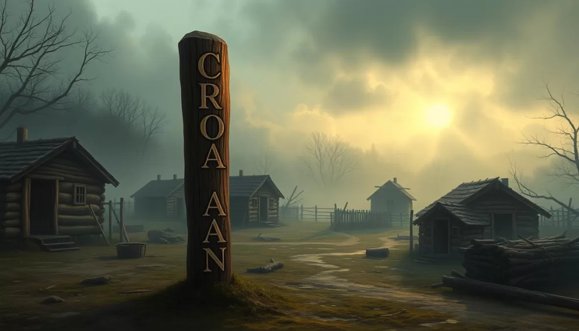 Artist's rendering of the abandoned Roanoke Colony with the word 'CROATOAN' carved into a post