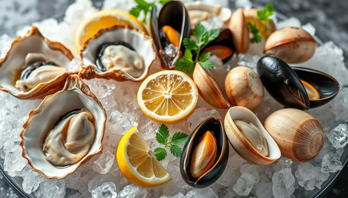Assortment of fresh shellfish including oysters, mussels and clams, among the top 10 most nutritious foods in the world