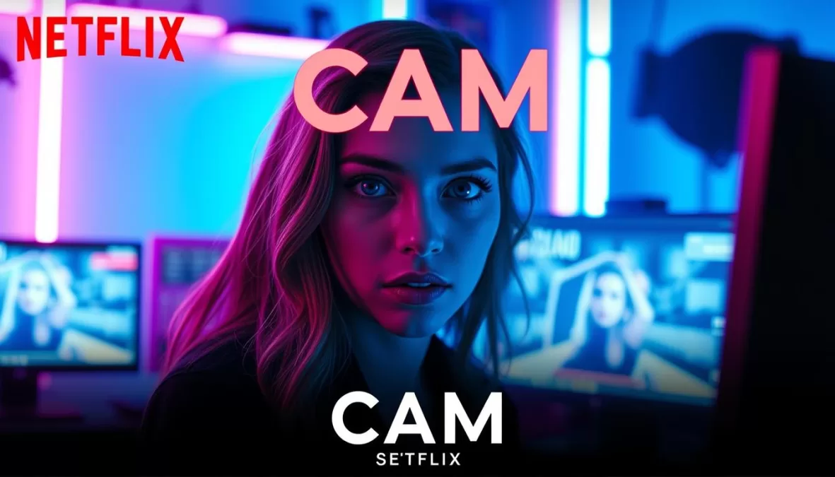 Cam movie poster showing a webcam performer and her digital doppelganger - top 10 scary movies on netflix