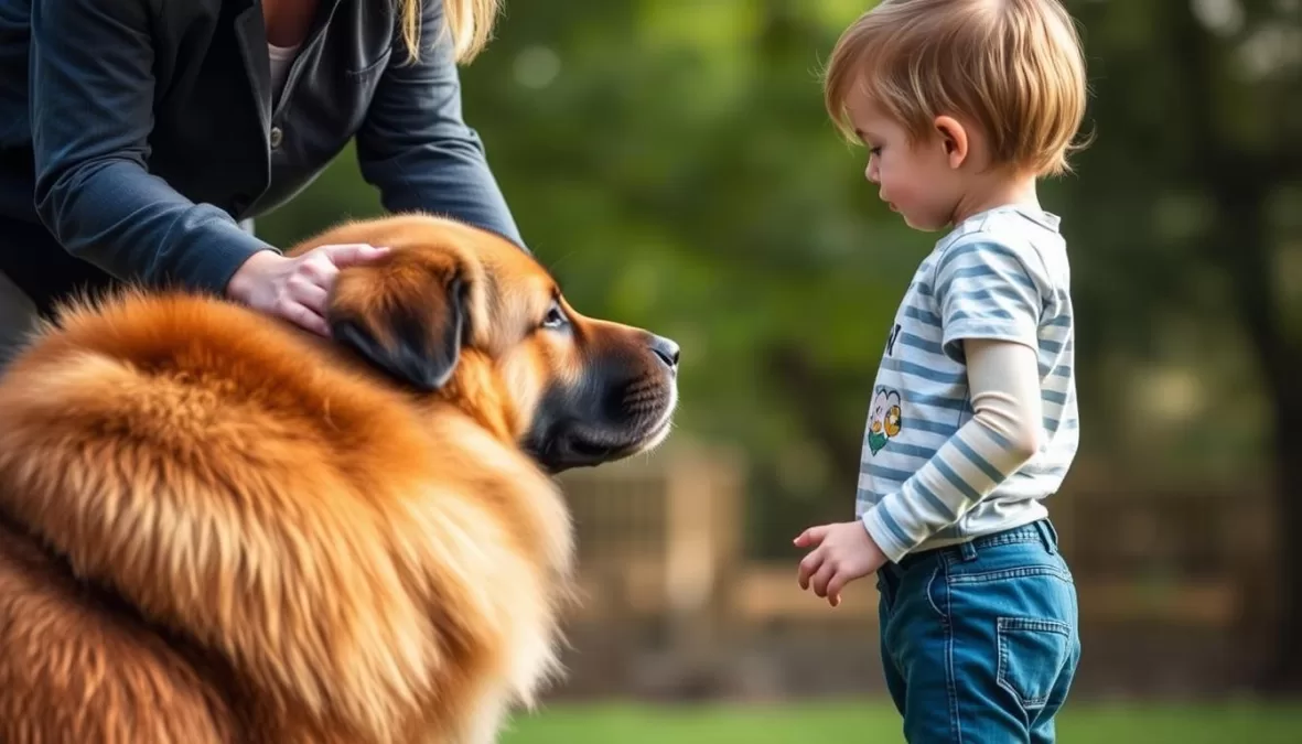 Child being taught how to safely approach and interact with a large dog