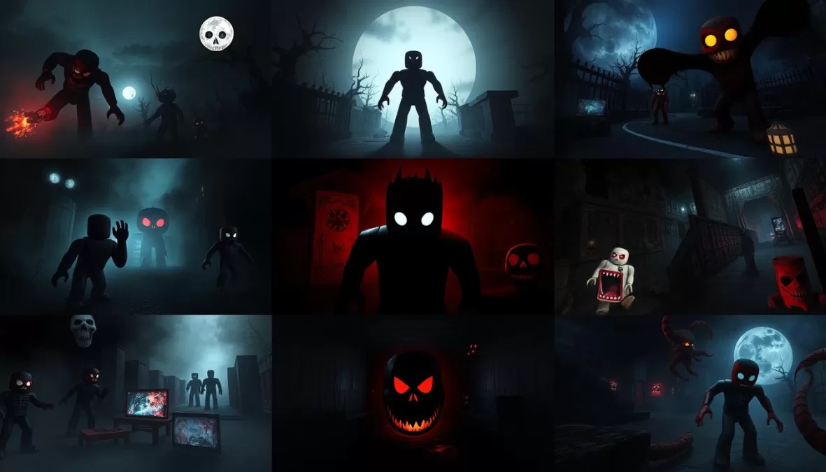 Collage of scary games on Roblox showing dark environments and monsters