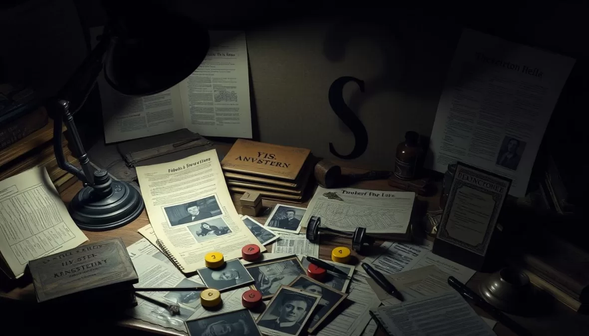 Collection of evidence and question marks representing unsolved mysteries