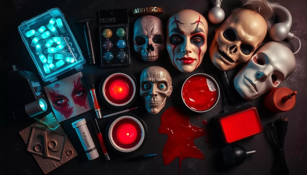 Collection of special effects makeup, colored contacts, and atmospheric props for enhancing scary Halloween costumes