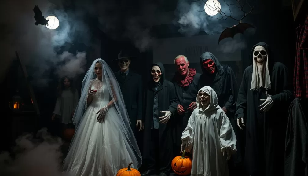Collection of the Scariest Halloween Costumes including ghostly figures, demonic clowns, and other terrifying characters